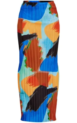 PrettyLittleThing Abstract Print Plisse Maxi Skirt Blue