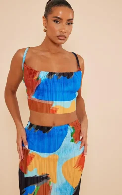 Best PrettyLittleThing Abstract Print Plisse Strappy Cowl Neck Top Blue