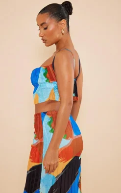 Best PrettyLittleThing Abstract Print Plisse Strappy Cowl Neck Top Blue