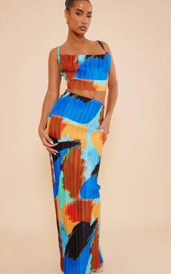 Best PrettyLittleThing Abstract Print Plisse Strappy Cowl Neck Top Blue