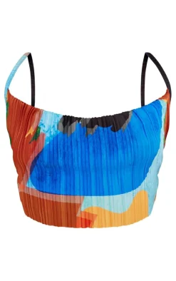 Best PrettyLittleThing Abstract Print Plisse Strappy Cowl Neck Top Blue