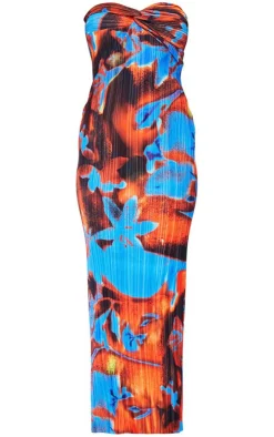 Abstract Print Plisse Knot Bandeau Maxi Dress-PrettyLittleThing