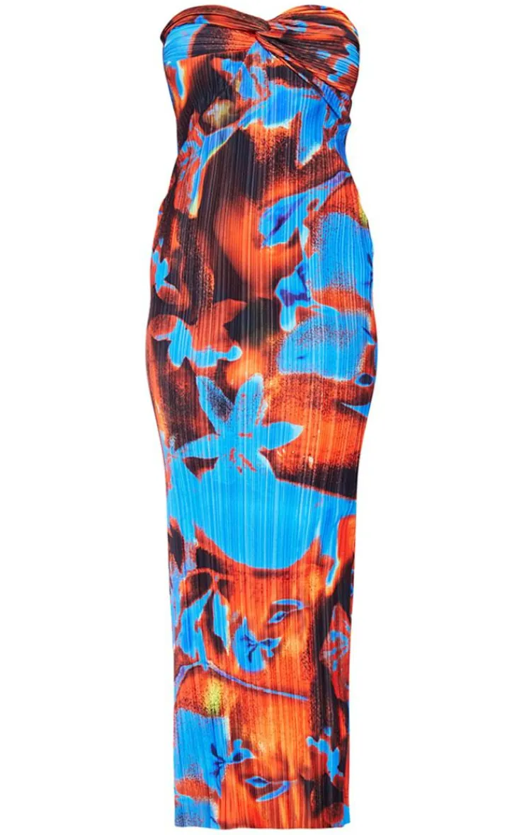 Abstract Print Plisse Knot Bandeau Maxi Dress-PrettyLittleThing