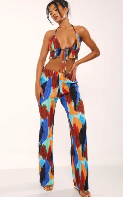 Best PrettyLittleThing Abstract Print Plisse High Waist Wide Leg Pants Blue