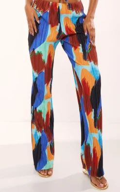 Best PrettyLittleThing Abstract Print Plisse High Waist Wide Leg Pants Blue