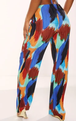Best PrettyLittleThing Abstract Print Plisse High Waist Wide Leg Pants Blue