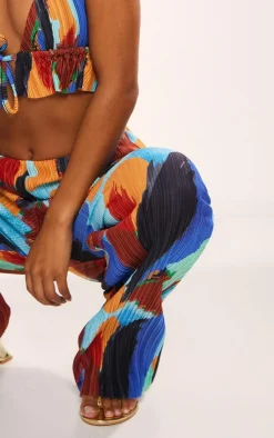 Best PrettyLittleThing Abstract Print Plisse High Waist Wide Leg Pants Blue