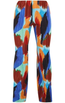 Best PrettyLittleThing Abstract Print Plisse High Waist Wide Leg Pants Blue