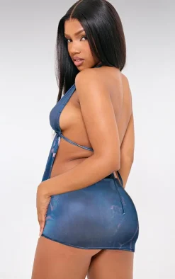 Clearance PrettyLittleThing Abstract Print Slinky Halterneck Longline Bralet Blue