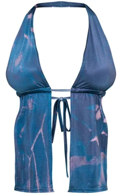 Clearance PrettyLittleThing Abstract Print Slinky Halterneck Longline Bralet Blue