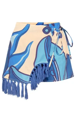 Blue Abstract Print Tie Front Tassel Detail Skort