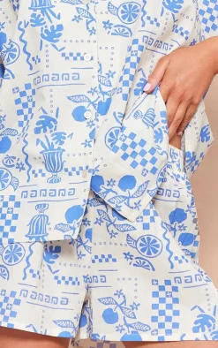Outlet PrettyLittleThing Abstract Sun Printed Oversized Boxy Shorts Blue