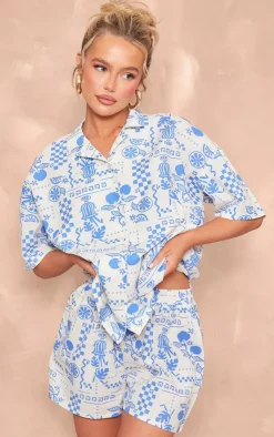 Discount PrettyLittleThing Abstract Sun Printed Oversized Boxy Short Sleeve Shirt Blue