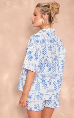 Discount PrettyLittleThing Abstract Sun Printed Oversized Boxy Short Sleeve Shirt Blue
