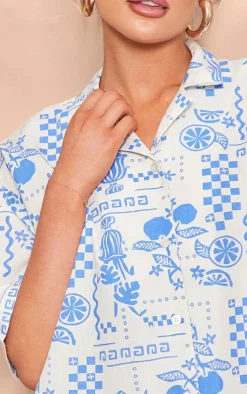 Discount PrettyLittleThing Abstract Sun Printed Oversized Boxy Short Sleeve Shirt Blue