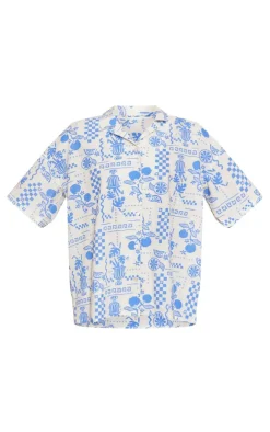 Discount PrettyLittleThing Abstract Sun Printed Oversized Boxy Short Sleeve Shirt Blue