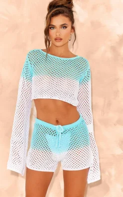 Best PrettyLittleThing Ombre Crochet Flared Sleeve Crop Top Blue and White