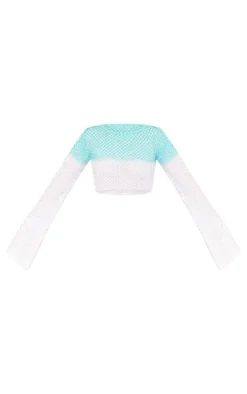 Best PrettyLittleThing Ombre Crochet Flared Sleeve Crop Top Blue and White