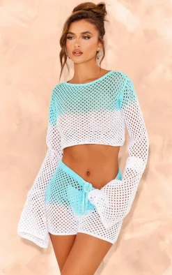 Online PrettyLittleThing Ombre Crochet Knit Mini Shorts Blue and White