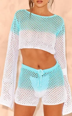 Online PrettyLittleThing Ombre Crochet Knit Mini Shorts Blue and White