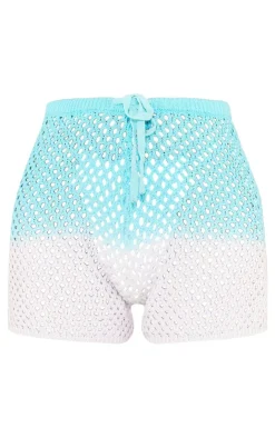 Online PrettyLittleThing Ombre Crochet Knit Mini Shorts Blue and White