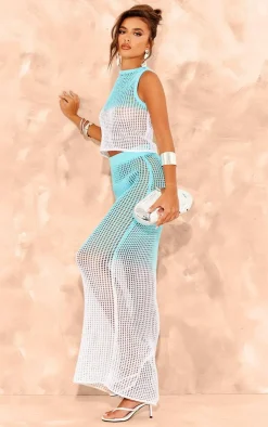 Clearance PrettyLittleThing Ombre Crochet Knit Racer Neck Top Blue and White