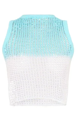 Clearance PrettyLittleThing Ombre Crochet Knit Racer Neck Top Blue and White