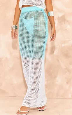 New PrettyLittleThing Ombre Crochet Knit Maxi Skirt Blue and White