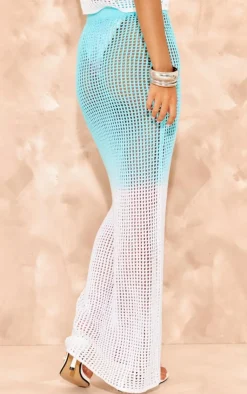 New PrettyLittleThing Ombre Crochet Knit Maxi Skirt Blue and White