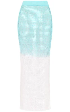 New PrettyLittleThing Ombre Crochet Knit Maxi Skirt Blue and White