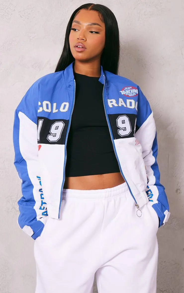 PrettyLittleThing Bomber Jackets*And White Oversized Graphic Zipper Racer Bomber Jacket
