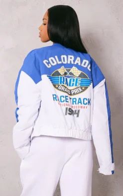 PrettyLittleThing Bomber Jackets*And White Oversized Graphic Zipper Racer Bomber Jacket