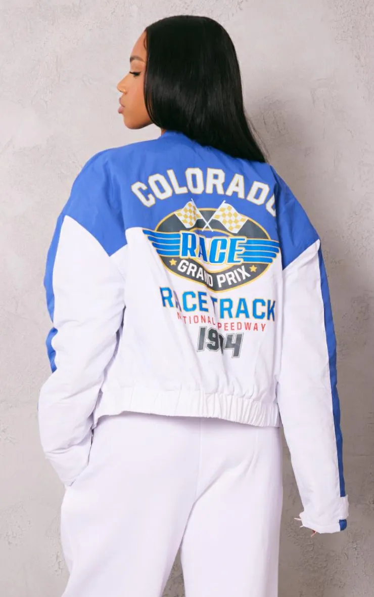 PrettyLittleThing Bomber Jackets*And White Oversized Graphic Zipper Racer Bomber Jacket
