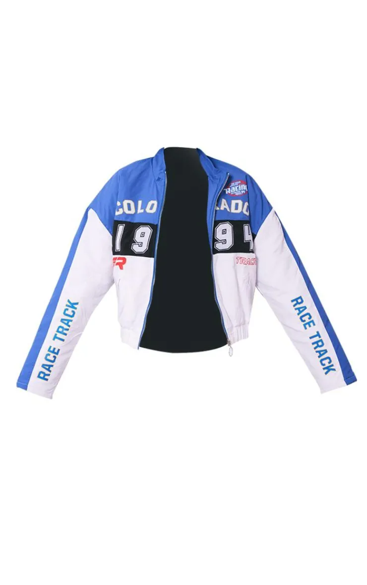 PrettyLittleThing Bomber Jackets*And White Oversized Graphic Zipper Racer Bomber Jacket