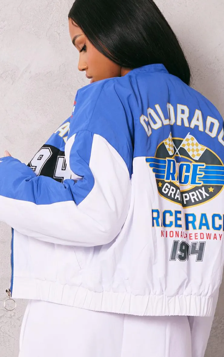 PrettyLittleThing Bomber Jackets*And White Oversized Graphic Zipper Racer Bomber Jacket