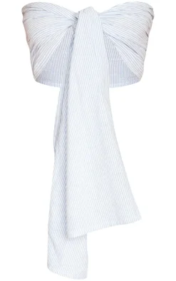 Hot PrettyLittleThing Striped Linen Look Tie Front Crop Top Blue and White