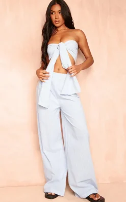 Hot PrettyLittleThing Striped Wide Leg Linen Look Pants Blue and White