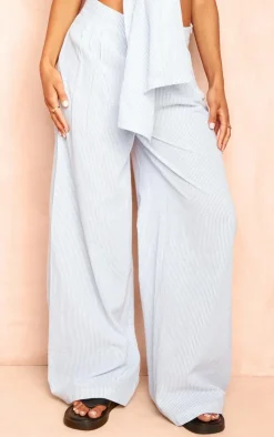 Hot PrettyLittleThing Striped Wide Leg Linen Look Pants Blue and White