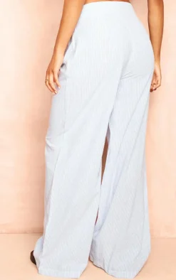 Hot PrettyLittleThing Striped Wide Leg Linen Look Pants Blue and White
