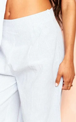 Hot PrettyLittleThing Striped Wide Leg Linen Look Pants Blue and White