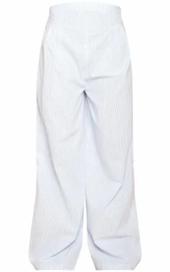 Hot PrettyLittleThing Striped Wide Leg Linen Look Pants Blue and White
