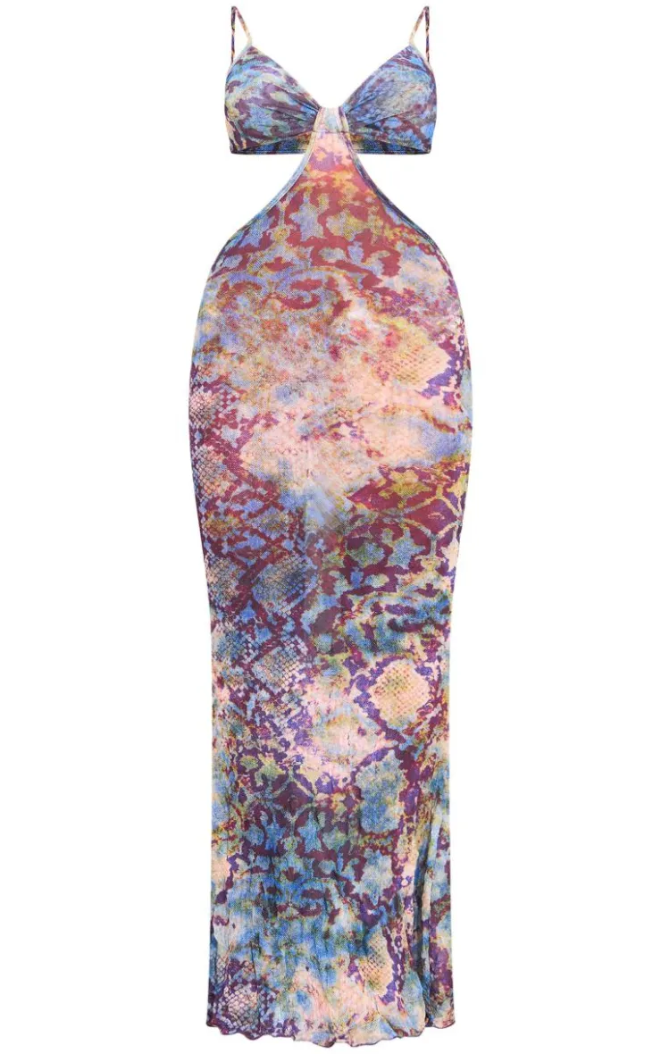 Animal Print Crinkle Mesh Cut Out Maxi Dress-PrettyLittleThing Online