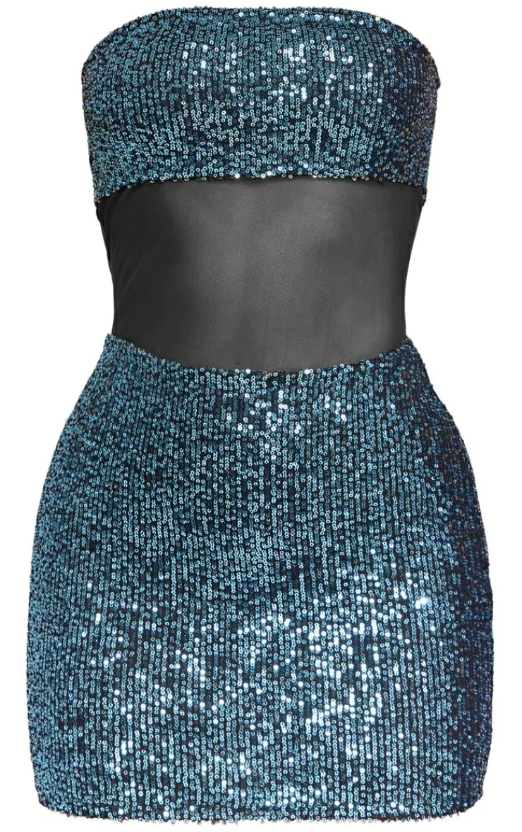 Bandeau Sequin Mesh Panelling Mini Dress-PrettyLittleThing