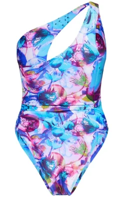 Blue Blurred Fruit Print One Shoulder Cut Out Swimsuit