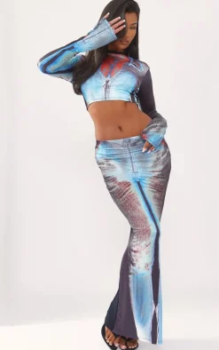 Outlet PrettyLittleThing Body Print Slinky Low Rise Midaxi Skirt Blue