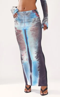 Outlet PrettyLittleThing Body Print Slinky Low Rise Midaxi Skirt Blue