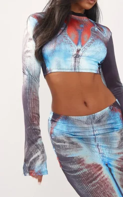 Outlet PrettyLittleThing Body Print Slinky Low Rise Midaxi Skirt Blue