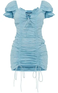 Broderie Lace Up Ruched Bodycon Dress-PrettyLittleThing Sale