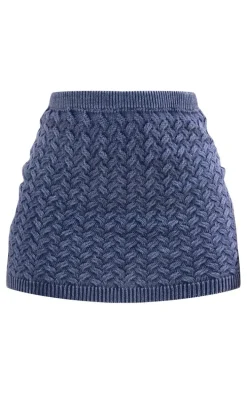Blue Cable Knitted Denim Look Mini Skirt