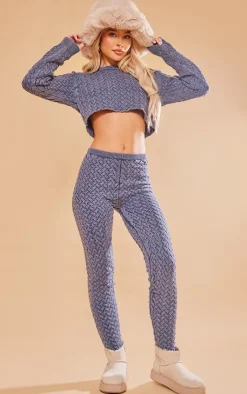 Outlet PrettyLittleThing Cable Knitted Denim Look Crop Sweater Blue